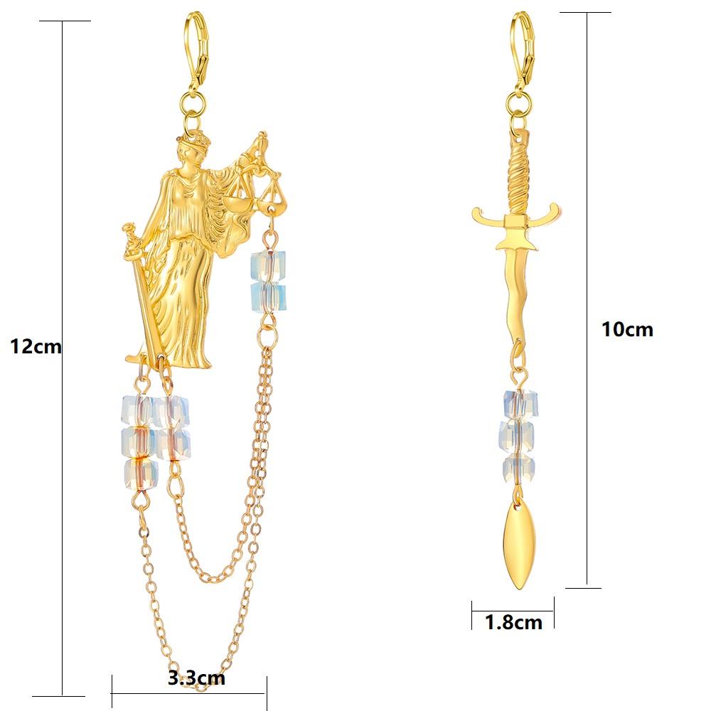 Асимметричные серьги-подвески «Леди Правосудие и Меч», позолоченные, с хрустальными бусинами, с цепочкой
