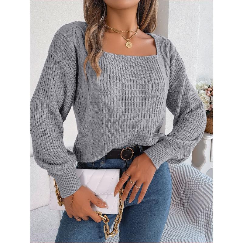 Женский осенне-зимний повседневный однотонный вязаный свитер с квадратным вырезом и рукавами-фонариками