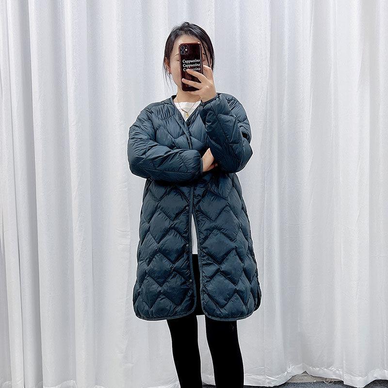 New autumn and winter down jacket women's light and medium-length V-neck round neck liner white duck down casual rhombus warm jacket