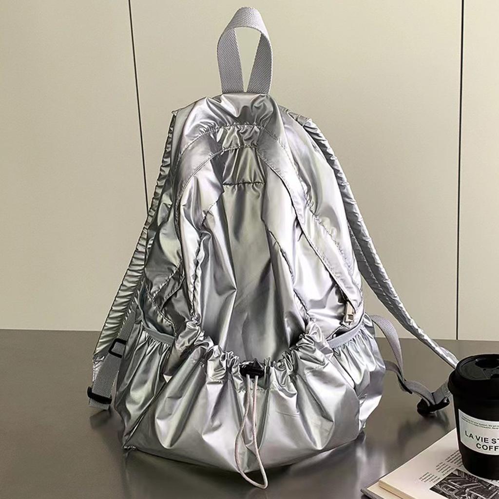 Silver Texture Drawstring Backpack Large Capacity Casual Backpack Women'S Niche Design Lazy Style Schoolbag
