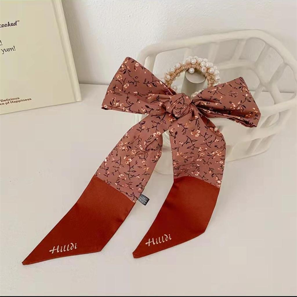 Винтажная шелковая резинка для волос с отделкой жемчугом и различными узорами для женщин