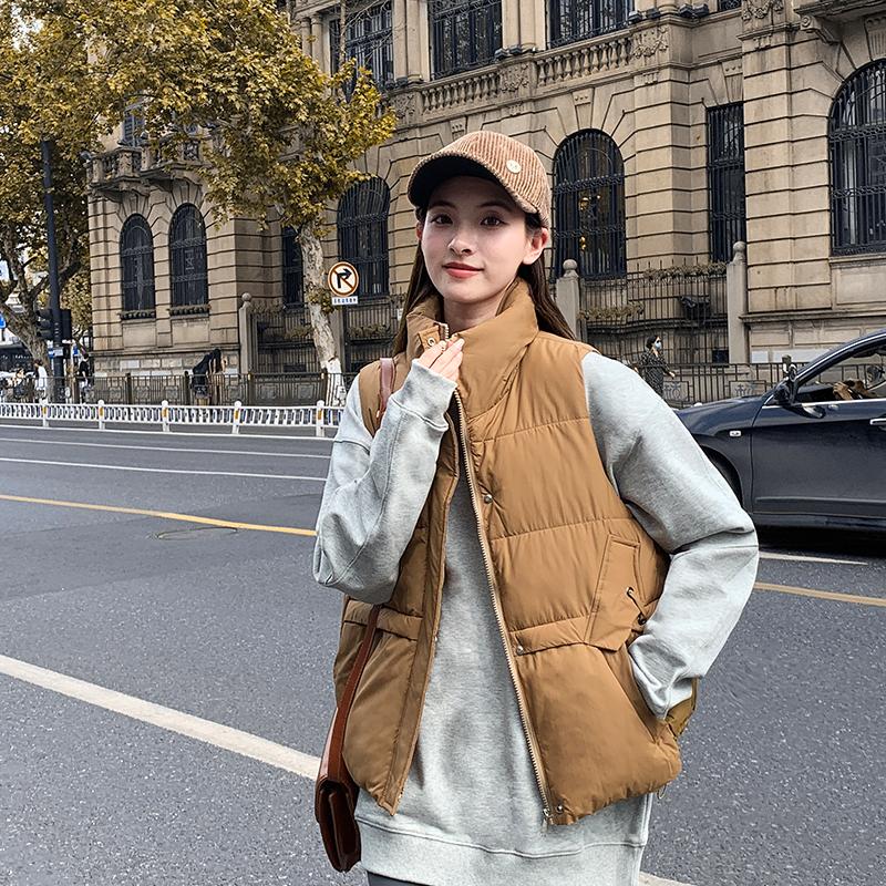 Женское осенне-зимнее однотонное пальто с воротником-стойкой без рукавов и большим карманом на молнии, свободный универсальный теплый хлопковый жилет