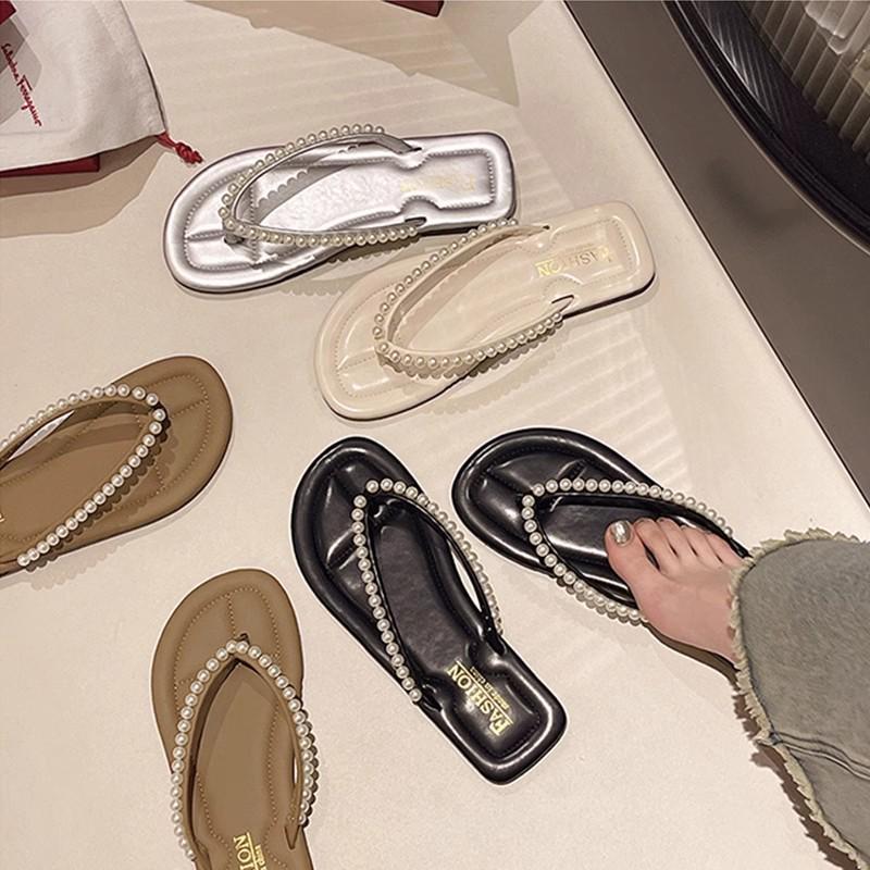 Женские летние 2025 шлепанцы с жемчугом и стразами, нескользящие: Элегантные уличные пляжные шлепанцы