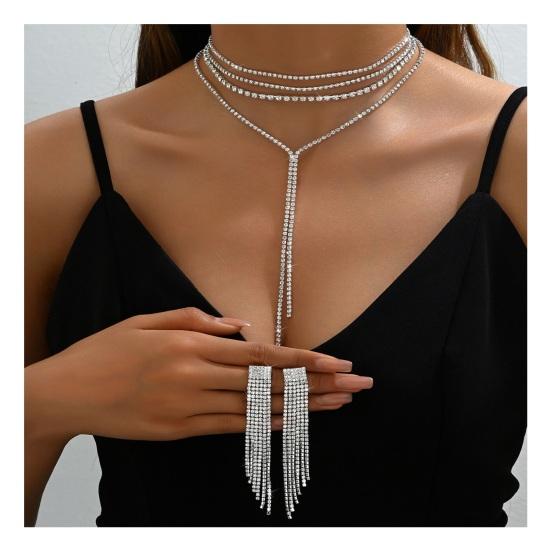 2 Pcs/Set Women Necklace Earrings Set for Formal Banquet And Prom Multi-layered Tassel Rhinestone Adjustable Chain Wedding Bride