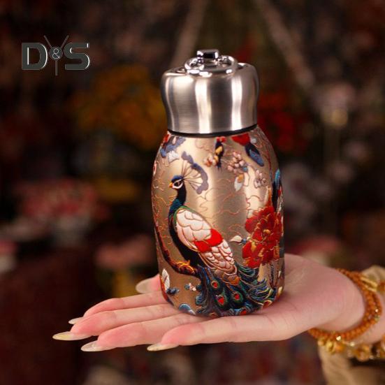 Термос с узором павлина из нержавеющей стали, винтажный цветок, термос, 300 мл, двухслойный изоляционный стеклянный чайник с герметичной крышкой