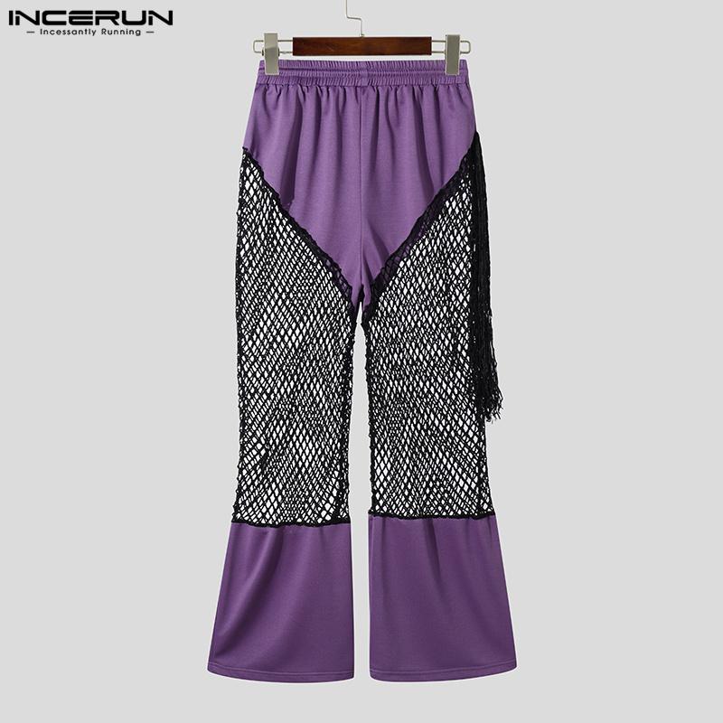 INCERUN Men Mesh Patchwork Pants High Waist Tassel See Through Trousers