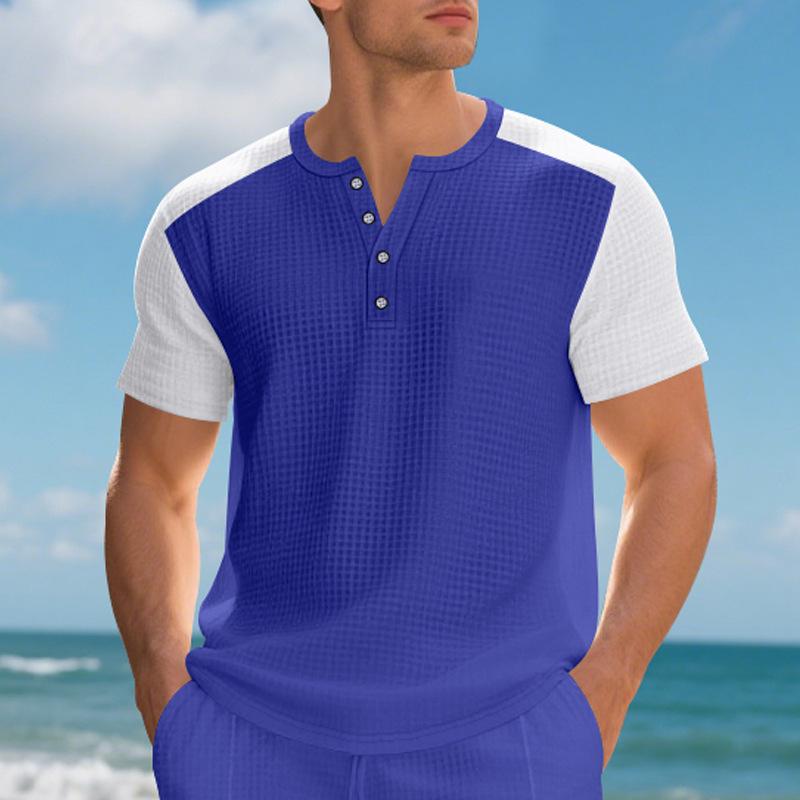 Модная летняя американская свободная мужская повседневная пляжная вафельная футболка с коротким рукавом, повседневный универсальный пуловер
