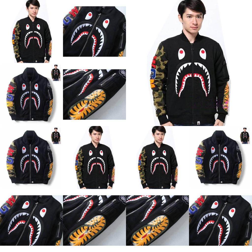 Shark Print Bomber Jacket For Men With Windproof Fabric For Casual Daily Wear