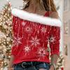 Women Christmas Top Hollow Out One Shoulder Shiny Sequin Long Sleeve Snowflake Print Thick Warm Pullover Color Matching Lady New Year Party Top