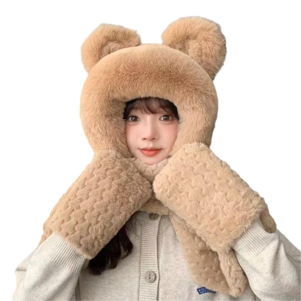 Шапка-медведь для женщин на осень и зиму Осенне-зимний плюшевый комплект из трех предметов: шапка, шарф, перчатки с завязками на шее и защитой ушей