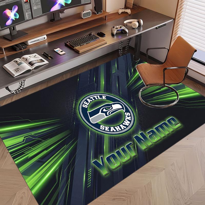 Custom Rug Seattle Seahawks Pattern Print Name Text Soft Non‑Slip Floor Carpet for Home Indoor Decoration