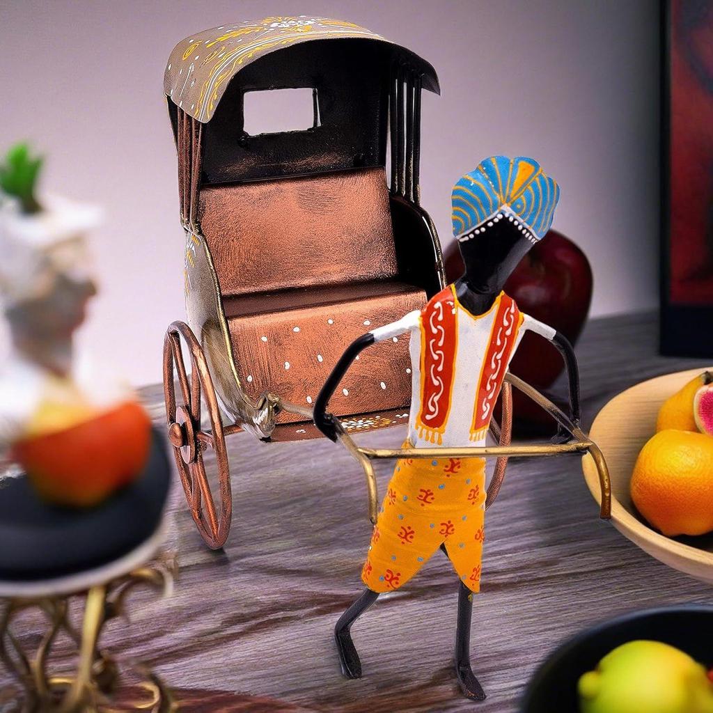 Handcrafted Iron Rickshaw Showpiece - Vintage Tabletop Rajasthani Hand Painted Decor for Home and Office, 12 Inches - Ideal for Living Room