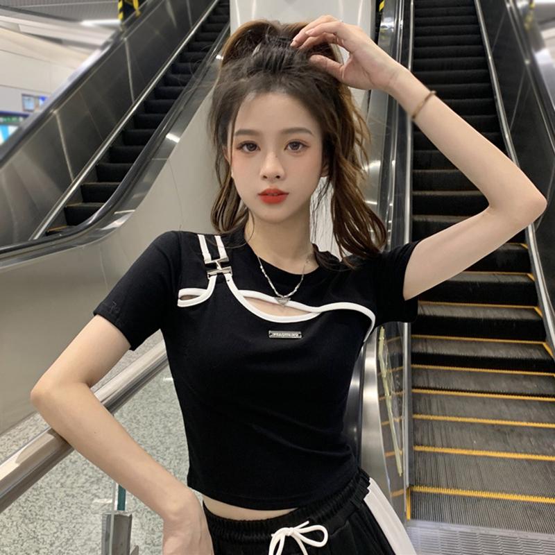 Женская футболка с коротким рукавом, контрастный цвет, ажурные футболки из двух частей с искусственным узором нестандартной формы