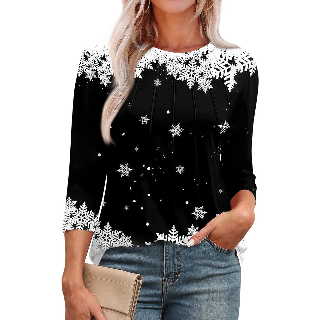 Женская модная футболка с круглым вырезом и рукавом 3/4 с принтом, повседневная, базовая, плиссированная, пуловер