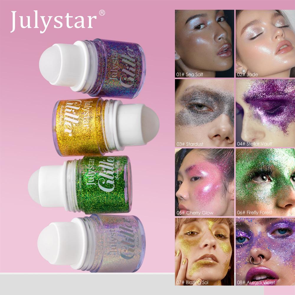JULYSTAR 8 Цветов Роликовый Блестящий Гель для Тела Лица Волос Мерцающий Жидкий Хайлайтер Сверкающие Тени для век Роликовый Шарик Макияж для Фестиваля Вечеринки Сцены Сияние