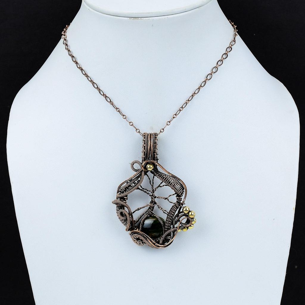 Кулон Древо Жизни из австралийского хромированного халцедона, обмотанный медной проволокой, кулон ручной работы, медные украшения, кулон с драгоценным камнем для подарка