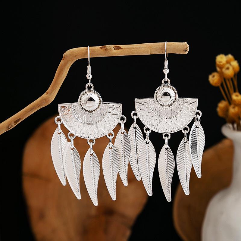Bohemian Long Leaf Tassel Earrings - Imitation Silver, Miao Ethnic Style
