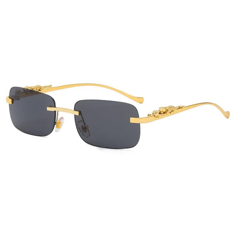 Vintage Rimless Square Sunglasses Women Men Luxury Brand Designer Popular Travel Driving Metal Leopard Head Sun Glasses Uv400