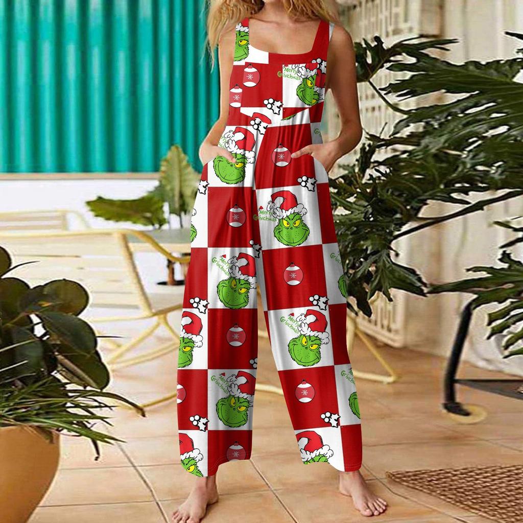 Women's Casual Loose Jumpsuit Christmas Print Wide Leg Jumpsuit Sleeveless With Pockets