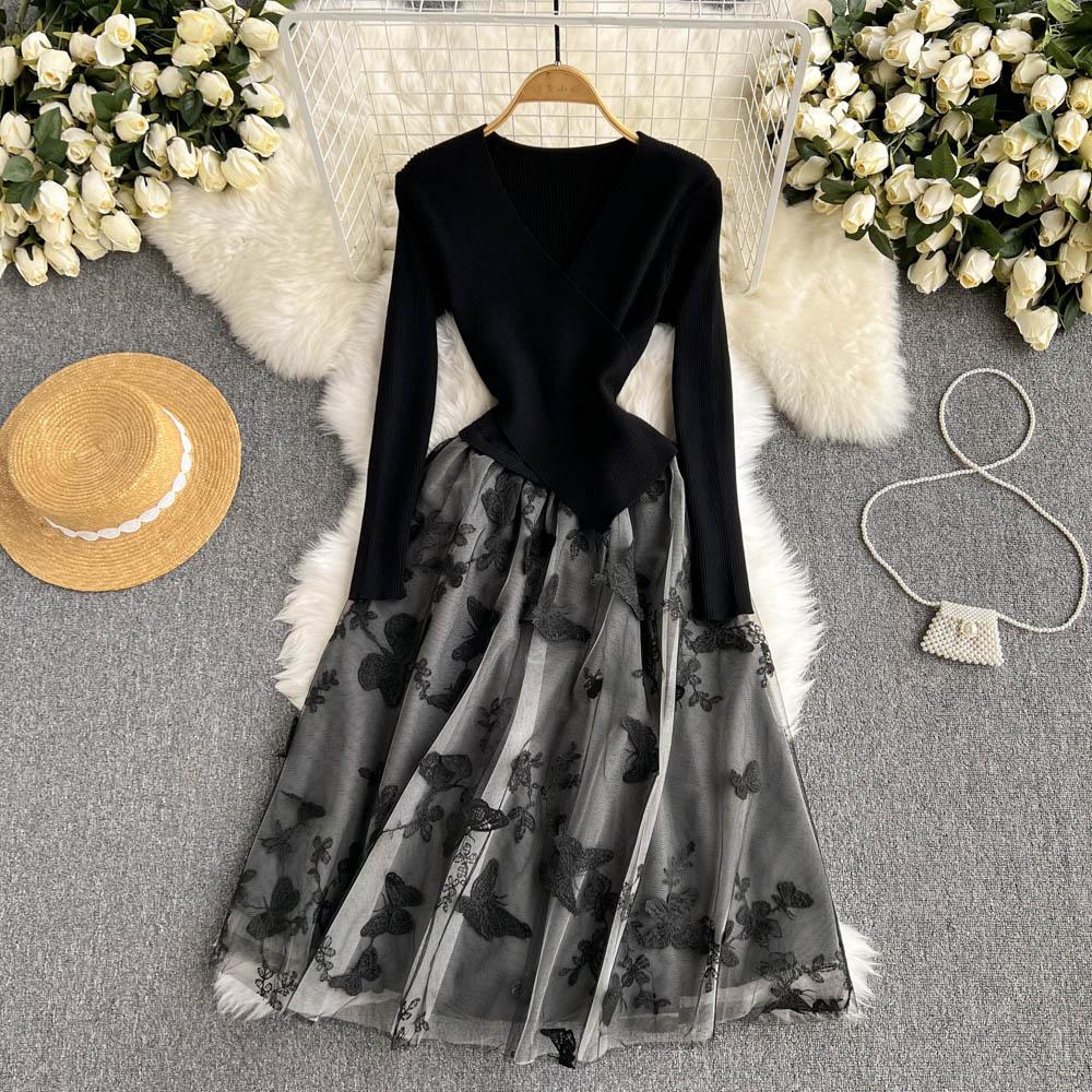 Осень-зима, женский повседневный вязаный свитер, сетчатые лоскутные платья, винтажное вечернее платье миди из тюля с v-образным вырезом и вышивкой-бабочкой