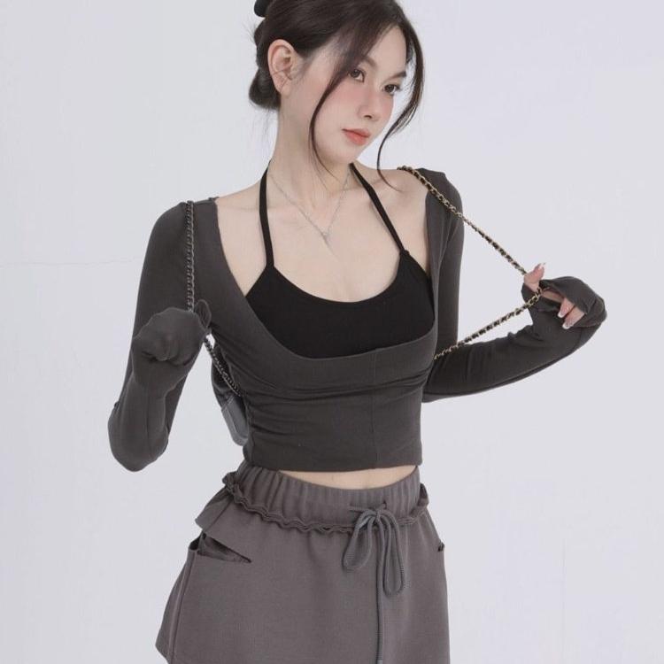 VAYLA Two Pieces Set Y2k Aesthetic Harajuku T-shirts Halter Long Sleeve Tee Shirts Femme All Match Spaghetti Stap Patchwork Top Women