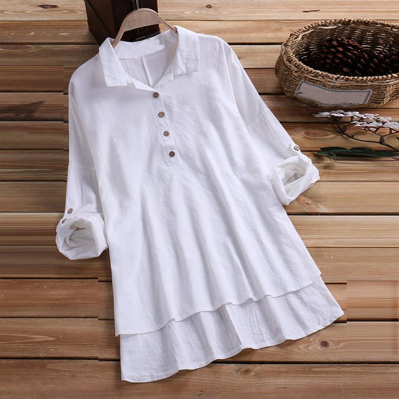 Cotton Linen Blouse With Pockets For Casual Office Wear