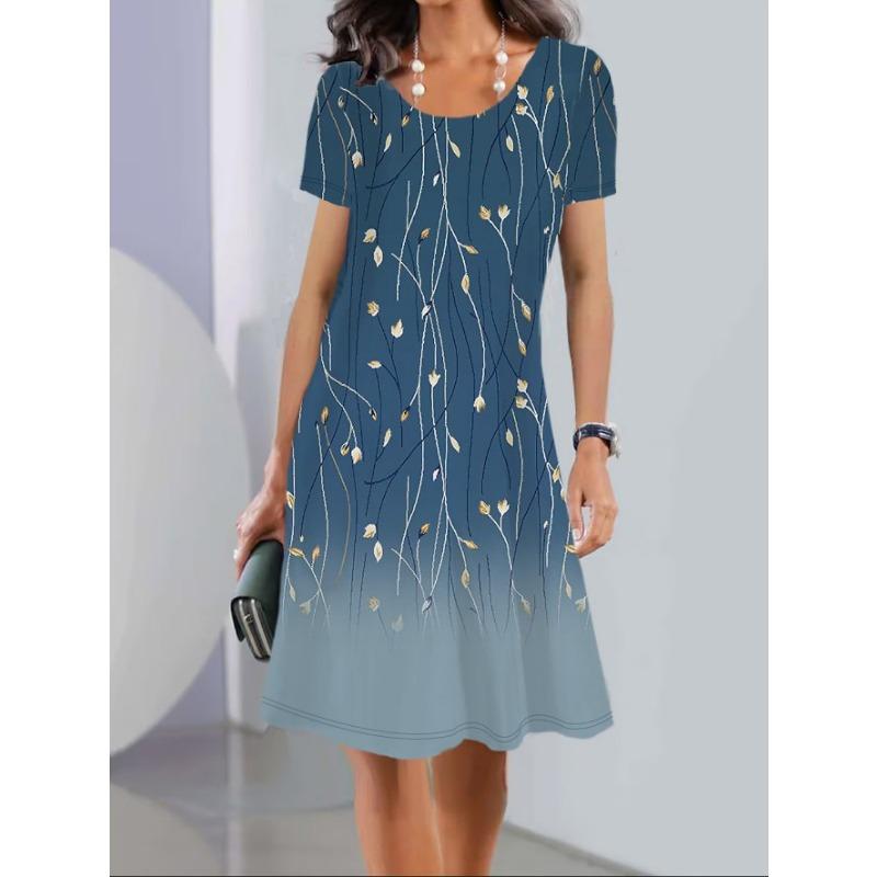 Summer Women's Dress Printed Short Sleeve Round Neck Midi Dresses