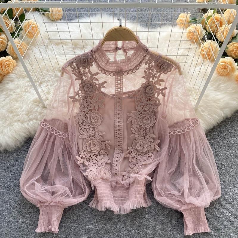 Elegant Floral Mesh Long Sleeve Short Blouse Sweet Women Lantern Sleeve Lace Shirts Ladies See Through Mesh Blouse Tops 25914