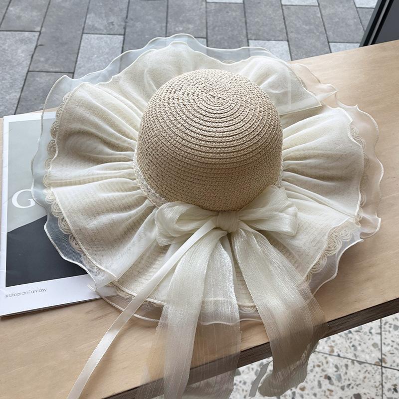 New French lace bow straw hat women's spring summer sun protection sun hat big eaves hat showing face small beach hat