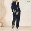 Women Plus Size V Neck Long Sleeve Butterfly Printed Navy Blue Scrub Set With Pockets Two Piece
