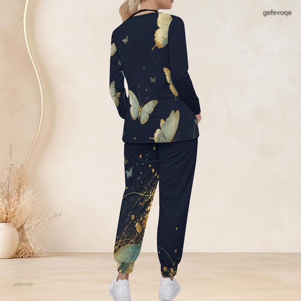 Women Plus Size V Neck Long Sleeve Butterfly Printed Navy Blue Scrub Set With Pockets Two Piece