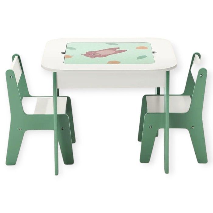 GINGER HOME Table Enfant 4 en 1 avec 2 Chaises – Plateaux Réversibles, Tableau Noir & Blocs type LEGO – Design FOREST