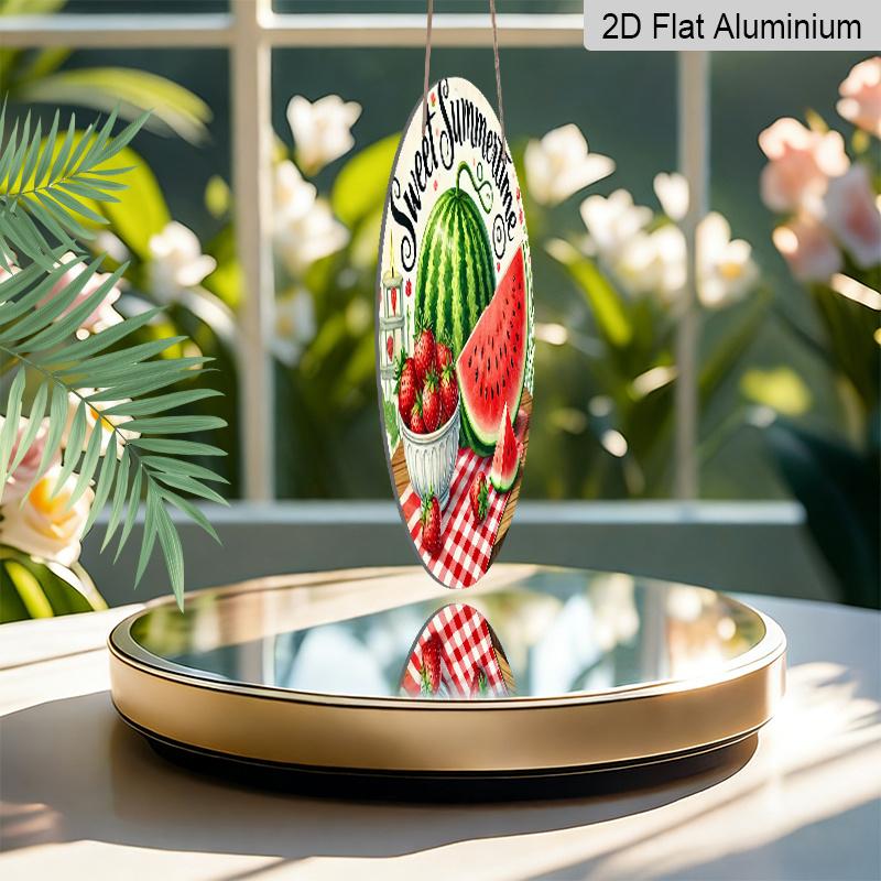 2D Flat, 1pc Retro "Sweet Summertime" Round Aluminum Metal Sign, Watermelon & Strawberry with Checkered Picnic Cloth Weatherproof Design, Durable