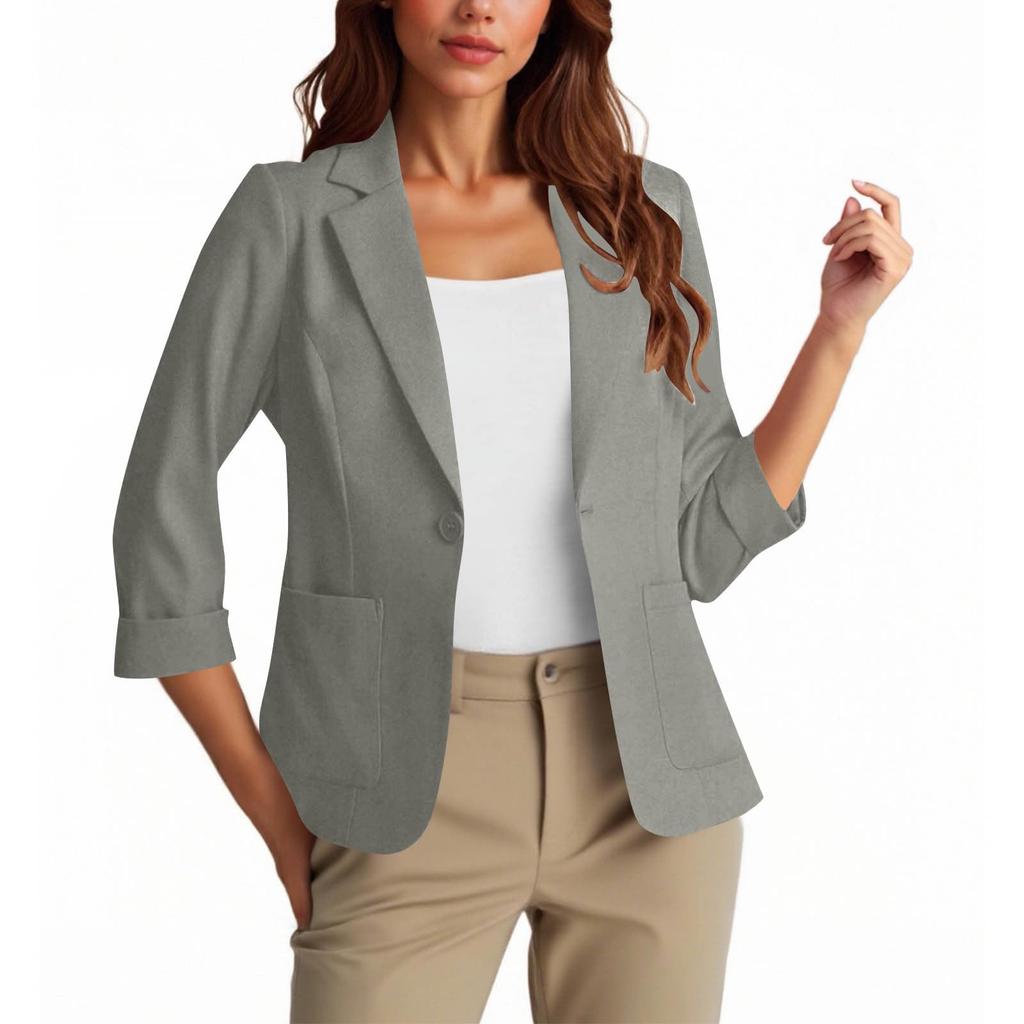 Womens Casual 3/4 Sleeve Blazers Open Front Solid Color Lapel Collar Work Business Suit Jackets