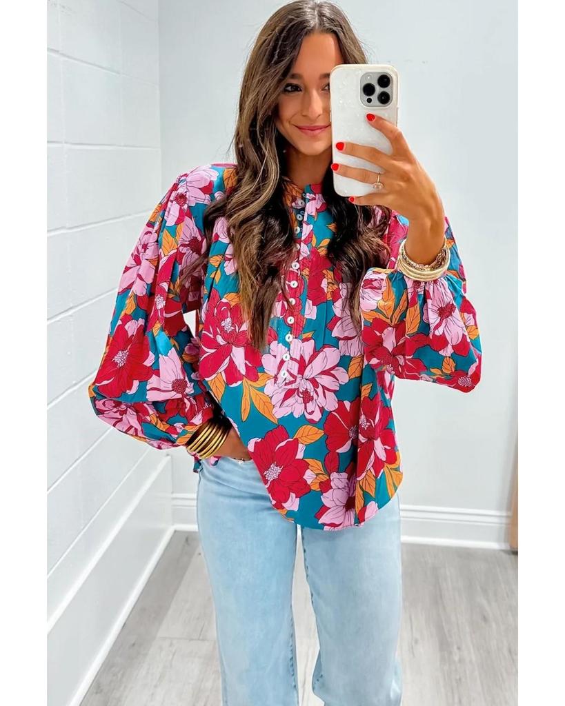 Azura Exchange Red Floral Printed Balloon Sleeve Half Buttons Blouse