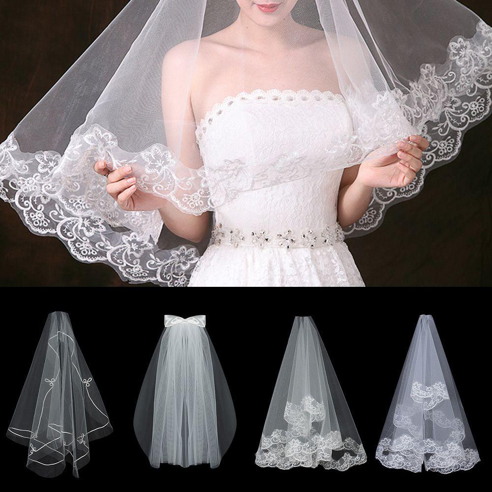 Elegant Two Layer White Ivory Short Simple Bridal Veil Wedding Veil Women's Tulle Lace Edge