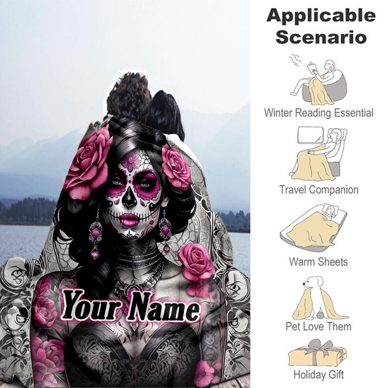 1PC Custom Name Day Dead Art outdooor Flannel blankets Throw Blanket All-Season Throw Gift Bedspread for Couch, Bed, Camping Holiday Birthday gift