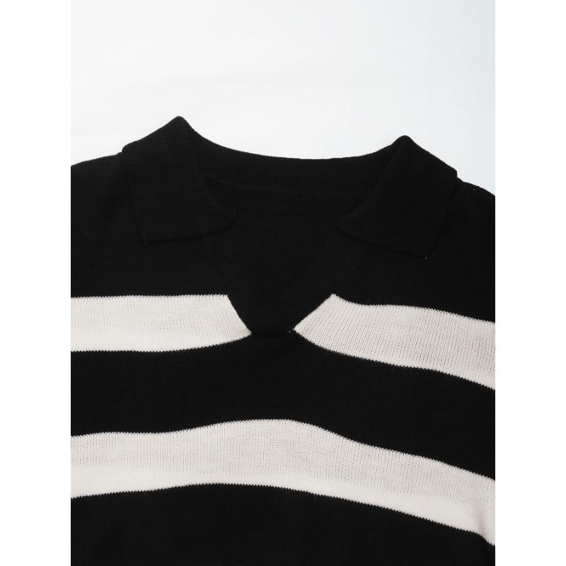 Autumn Women's Sweater Loose Top Striped Lapel Knitwear