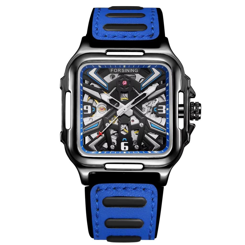 Luxury Square Transparent Skeleton Mens Watches Field Sports Rubber Band Mechanical Watch Luminous Waterproof Reloj Hombre 2024