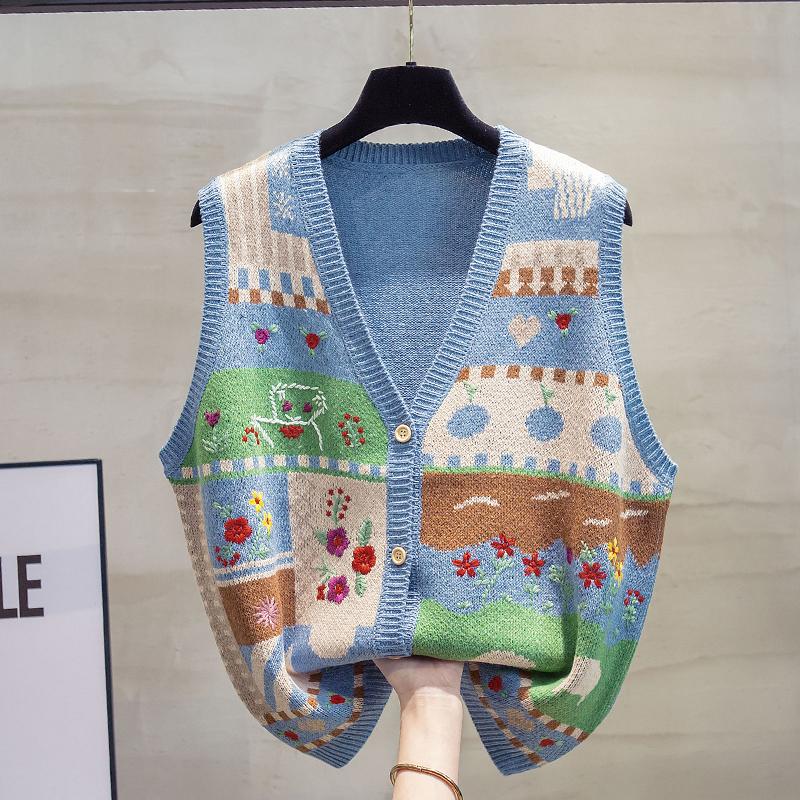 Жилет больших размеров, осенние женские свитера с цветочным принтом, вязание с v-образным вырезом, модные пуговицы, оверсайз, базовый повседневный стиль, свободный свитер, пальто