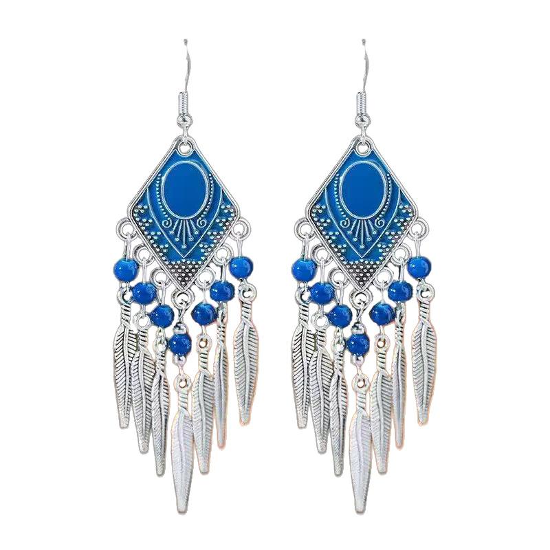 Vintage Ethnic Crystal Drop Oil Dangle Earring for Women Rhombus Leaf Tassel Earrings Vacation Style Jewelry Accessories