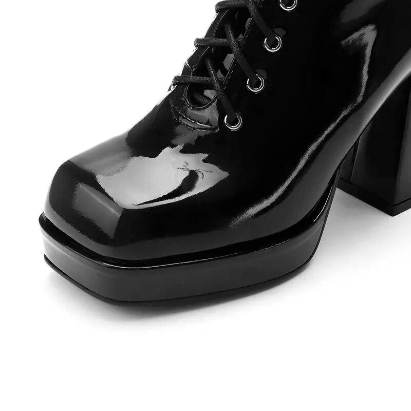 Sexy Patent Leather Knee High Boots Platform Women Boots Chunky High Heel Lace Up Long Boots Autumn Winter Zipper Woman Shoes