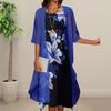2024 2Pcs/Set Chiffon Dress Coat O Neck Sunscreen Thin Beautiful Flower Print Vest Style Dress Chiffon Shawl Set Female Clothing