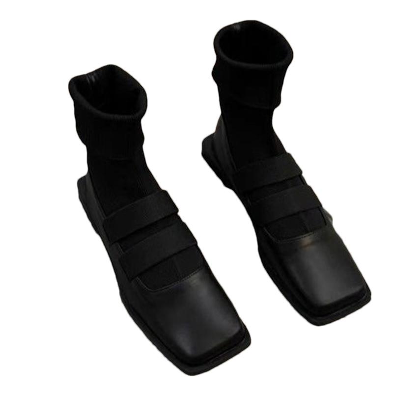 Square Toe Women Sock Boots Mid Calf Knitting Flats Shoes Designer Fashion New Botas 2024 Trend Fashion Dress Botas De Mujer