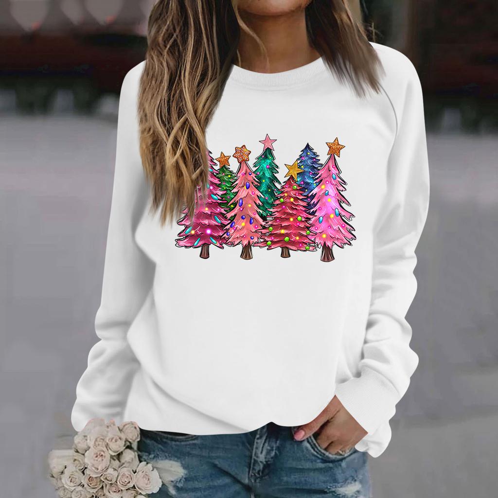 Женские футболки, свободные, модные и повседневные толстовки с круглым вырезом и длинными рукавами с рождественским принтом
