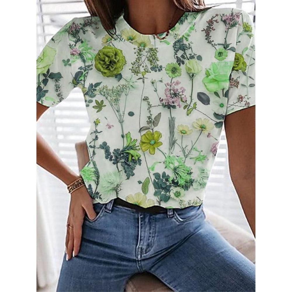 Летняя женская футболка с 3D-принтом, повседневные повседневные топы с коротким рукавом, модные футболки с круглым вырезом для женщин с цветочной графикой