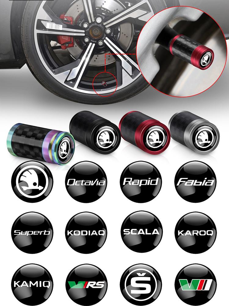 REKP5 4pcs Carbon Fiber Car Styling Wheel Tire Valve Caps Stem Case Auto Exterior Decoration For Skoda Octavia Vision-E Kamiq Fabia S