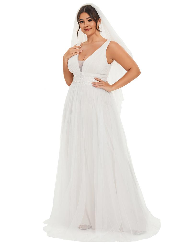 Женские кружевные платья Ever-Pretty размера плюс с ампирной талией без рукавов и двойным v-образным вырезом, прозрачные тюлевые свадебные платья трапециевидной формы