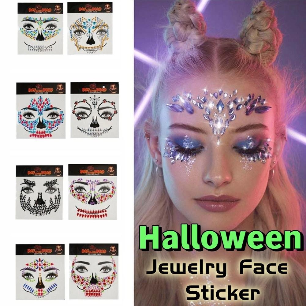 DIY Halloween Fake Tattoo Funny Skull Face Sticker Creative Rhinestone Face Sticker Carnival Night