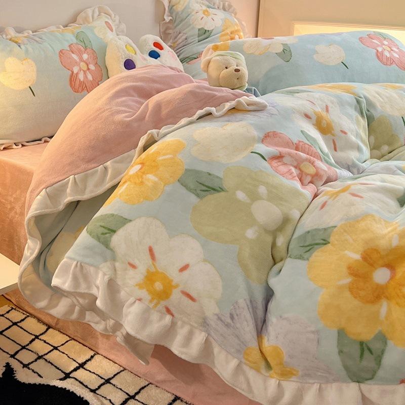 Thickened Milk Fleece Four-Piece Set, Fleece Quilt Cover, Bedding, Coral Flannel Bed Sheet Three-Piece Set